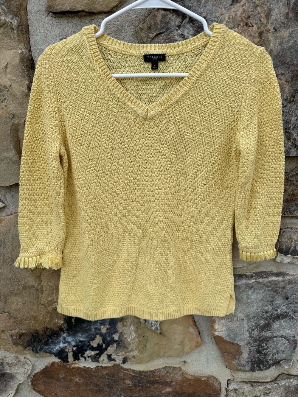 Talbots Butter Yellow V-Neck Textured 100% Cotton Sweater Petite Small Fringe